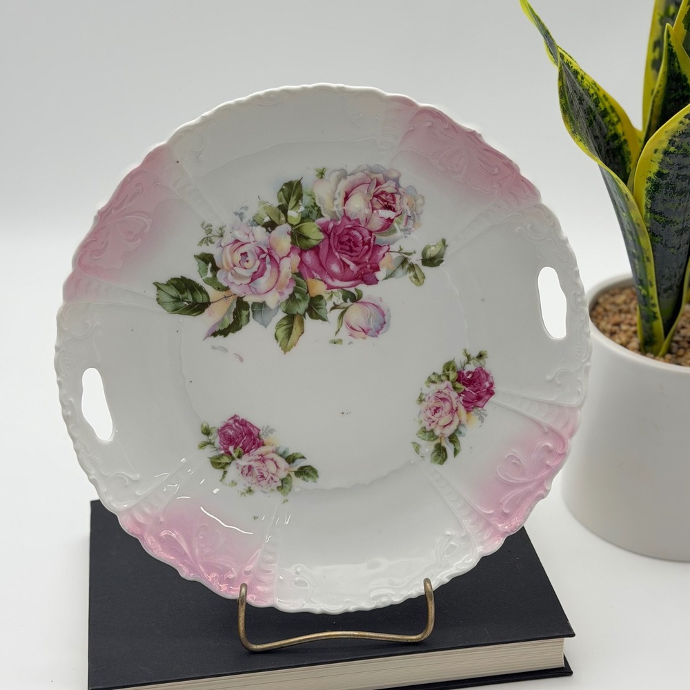 Vintage Porcelain Scalloped Rose Serving Plate with Dual Handles Pink White